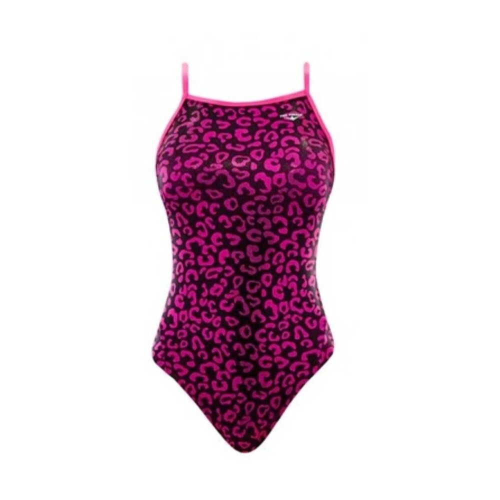 TYR The Finals Disco Cat Foil Womens Swimsuit Flutterback Pink Size 34 New